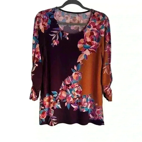 GRAVER Susan Graver Floral Printed Liquid Knit Tunic w/ Ruched Sleeves QVC Sz XS - Picture 1 of 9